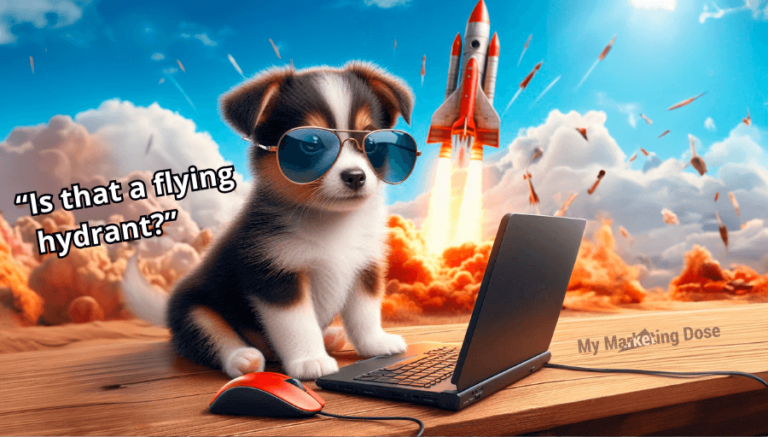 puppy dog at laptop launching a rocket